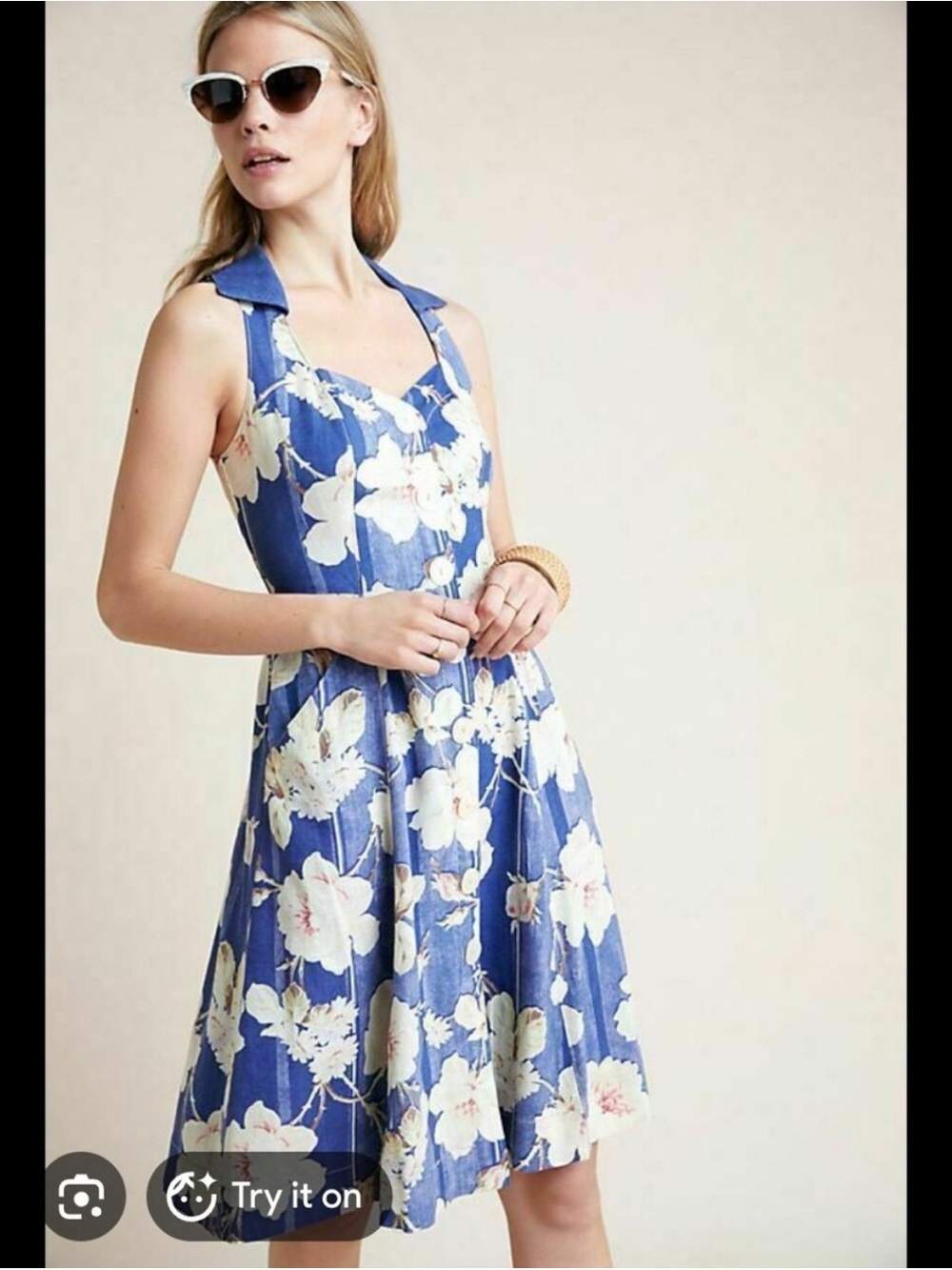 Anthropologie Camellia floral collared knee length dress pockets sweetheart neck